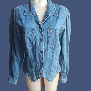 Vintage sz 10 Denim Shirt Button Up Long Sleeve Blue Jean Jacket Womens Lizwear